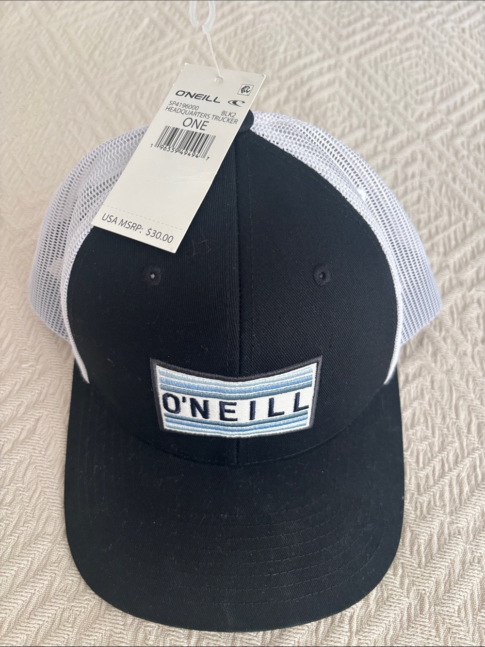 O'Neill Black & White Mesh Trucker Hat with Blue Logo Patch